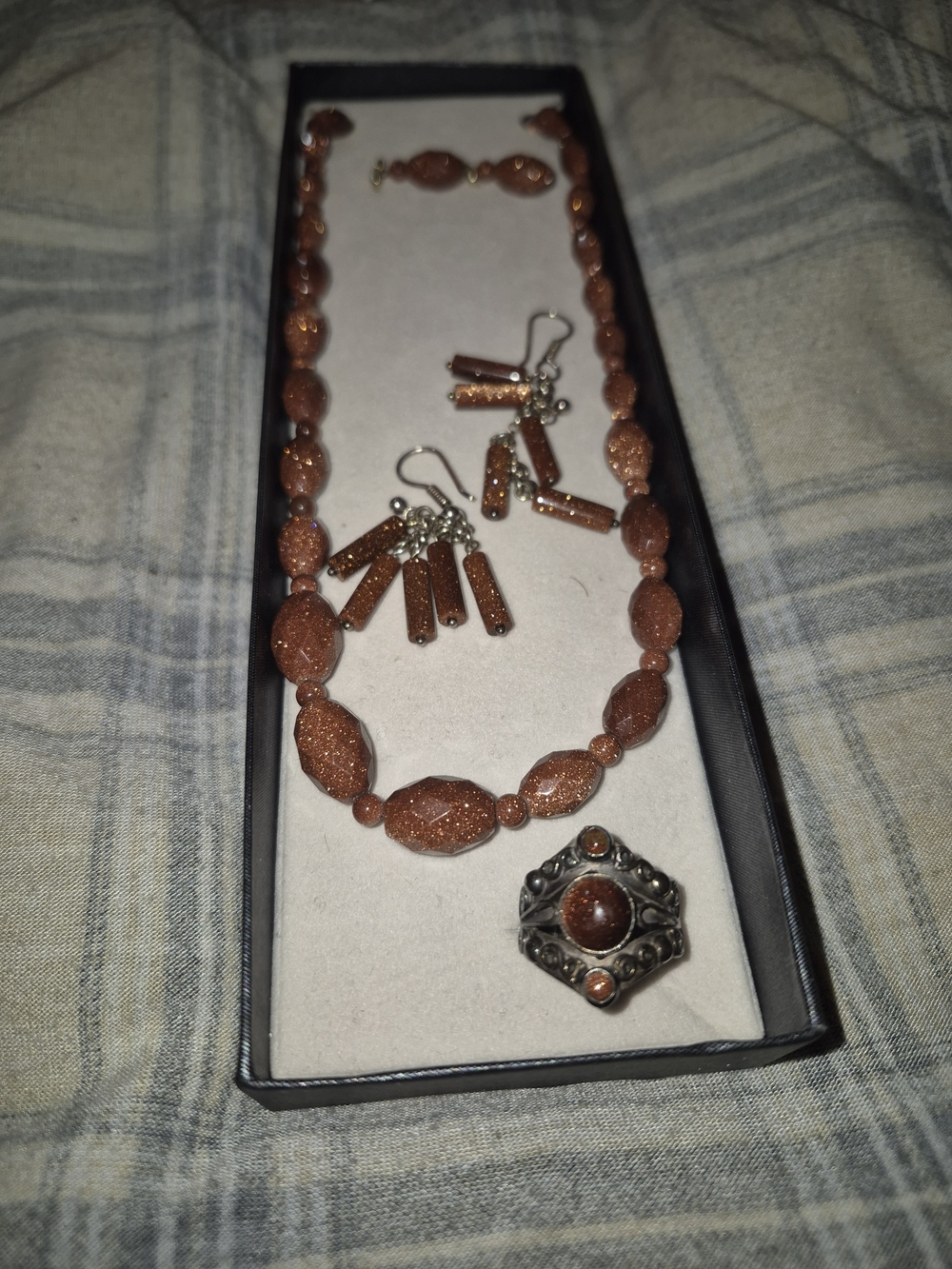 Goldstone Bead Necklace, Earrings and Ring Set - Brown Gold